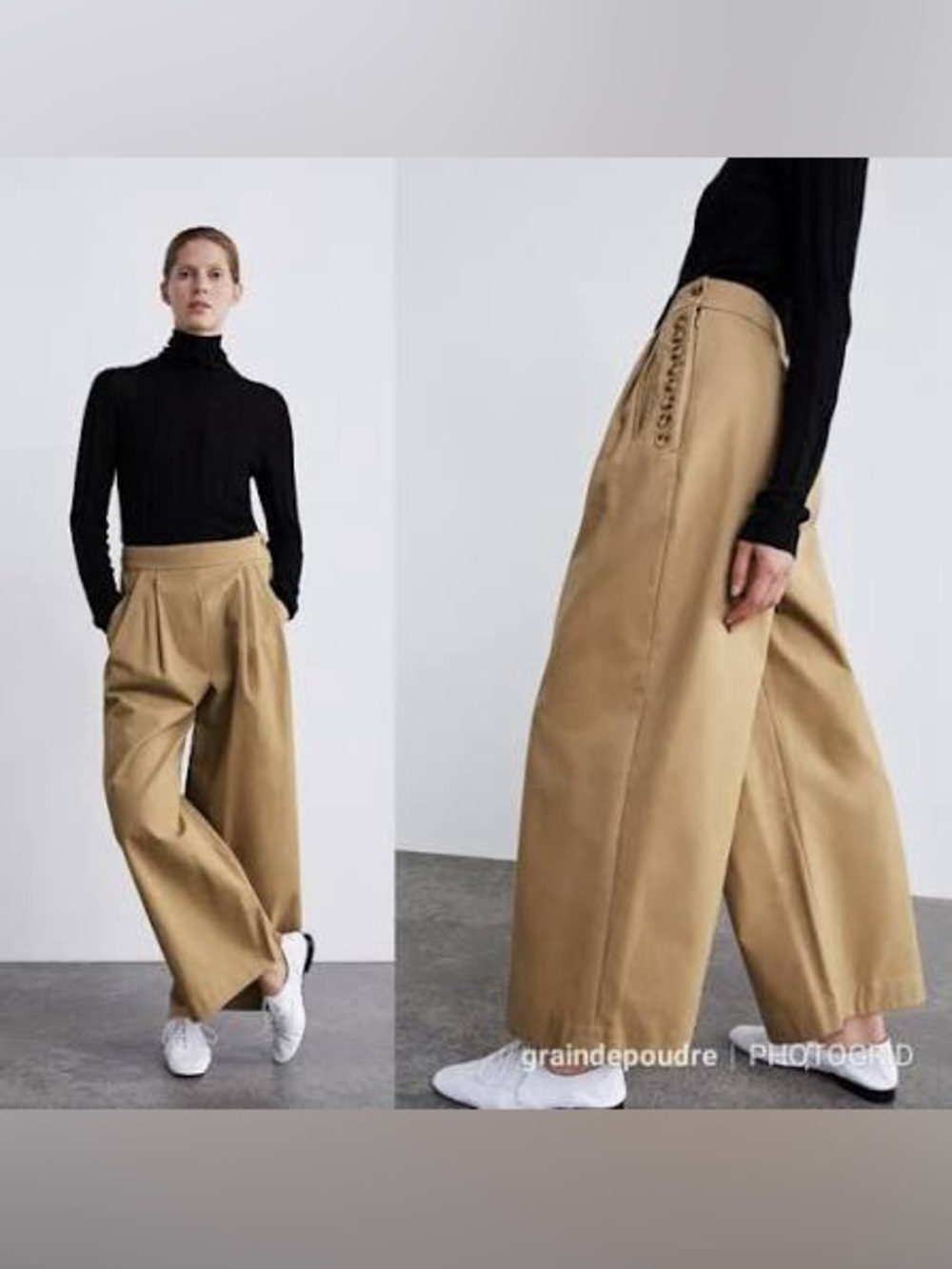 Zara Pleated with Side Button Detail Oversized Chinos Wide Leg Pants